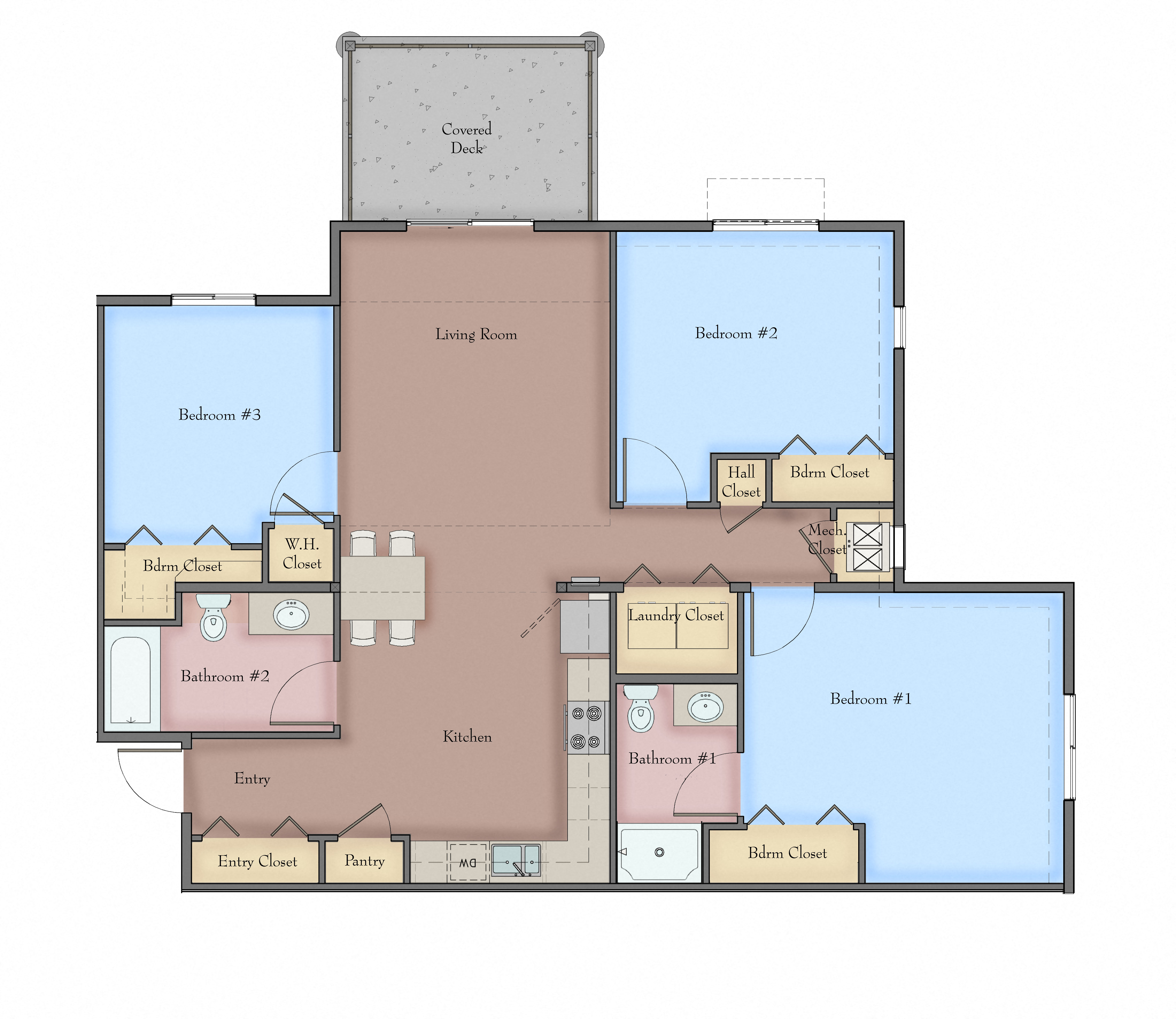 Floor plan for 3 beds, 2 baths, 1184 sqft
